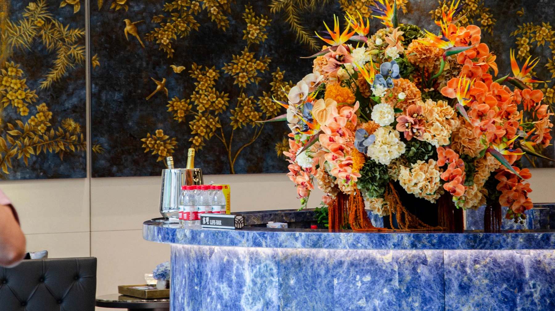 Blue stone bar in a hospitality interior