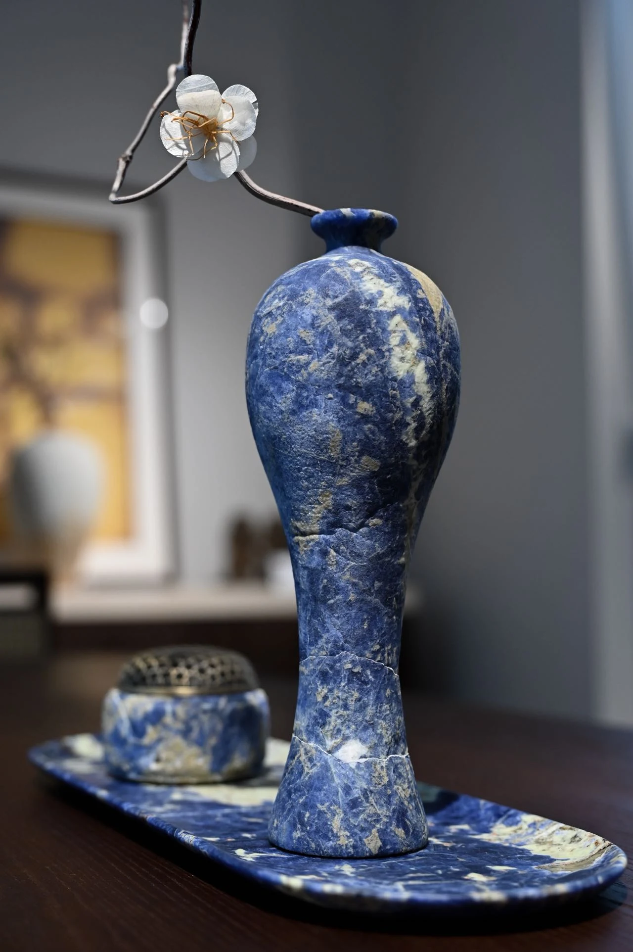 Blue stone vase with incense accessory and matching tray