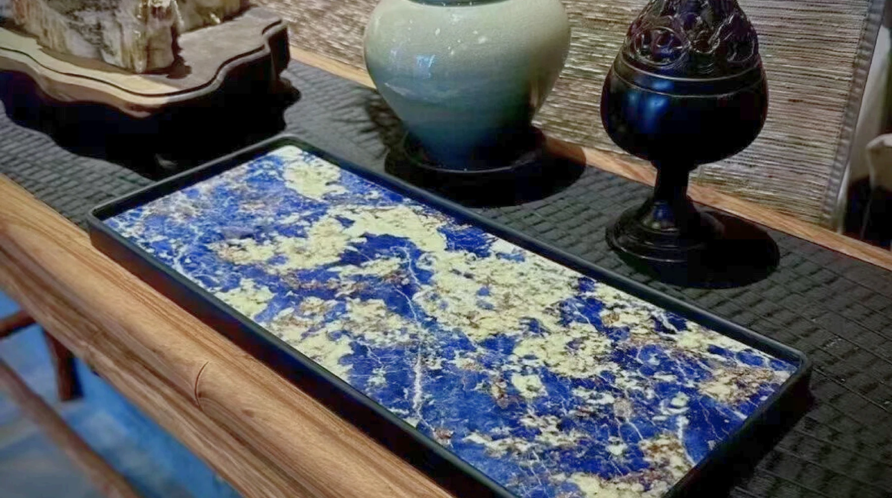 Blue natural stone inset in a tea table